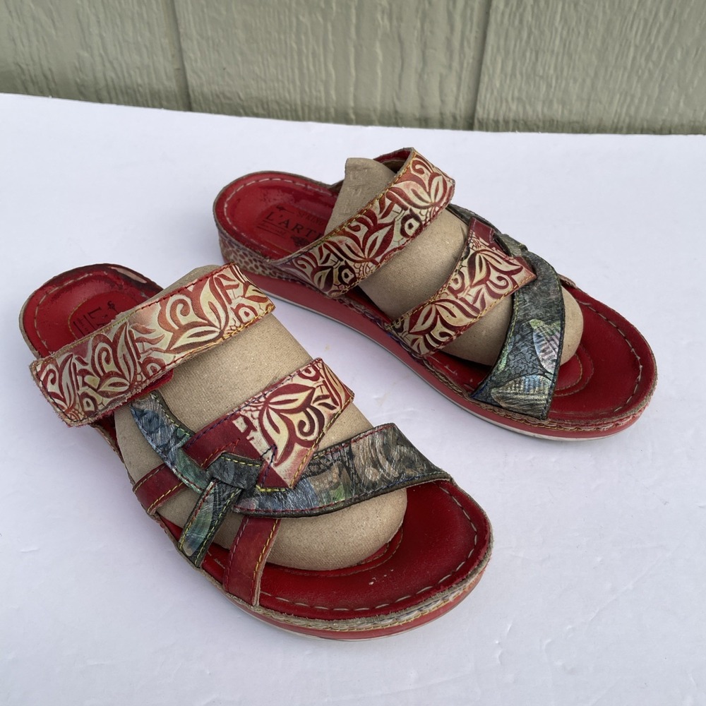 L'Artiste Sandals Womens US Size 7.5-8 /38 Red Caiman Artsy Bohemian Wedge Slide - Picture 3 of 16